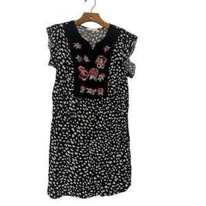 Kirundo Dress Womens Size Medium Black Floral Embroidered‎ Ruffle Sleeve Boho